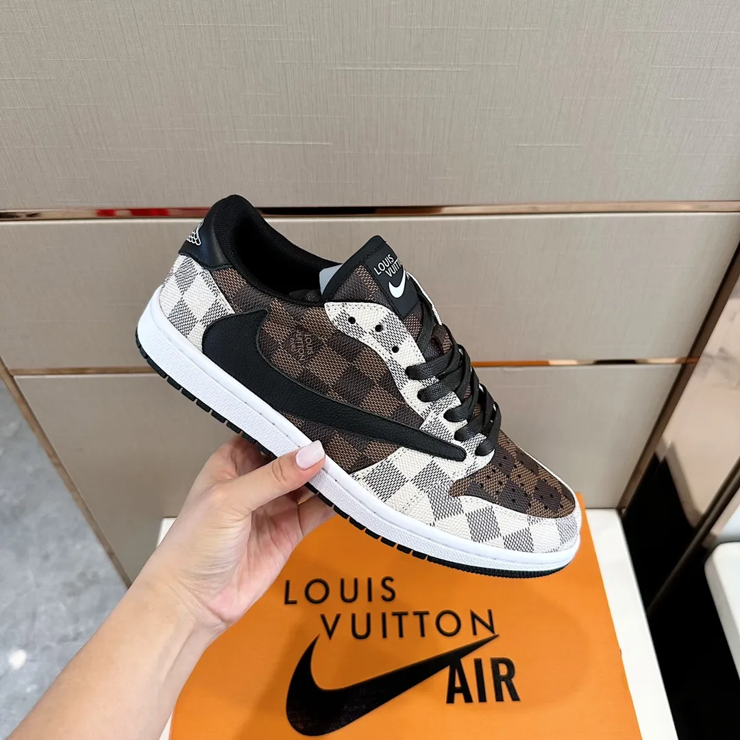 Men's shoes 💰p440 "*OUIS *UITTO* Nike" new original drawer box, co-branded low-top casual sneakers, this sneaker is completely made of denim canvas splicing leather, decorated with Louis Vuitton's iconic monogram and Damierl pattern with natural cowhide piping. The upper of this shoe combines LV’s most classic Monogram and Damier elements, giving it a sense of luxury and recognition! Size: 38-45
